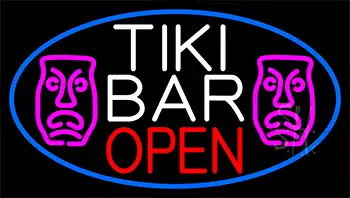 Green Tiki Bar And Sculpture With Blue Border Neon Sign