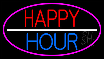 Happy Hour With Pink Border Neon Sign