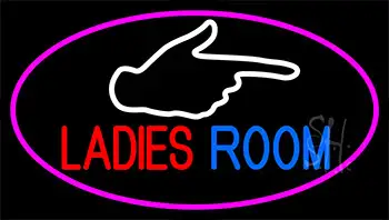 Ladies Room And Hand Pointing With Pink Border Neon Sign