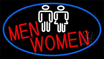 Men And Women Restroom With Blue Border Neon Sign