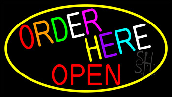 Order Here Red Open With Yellow Border Neon Sign