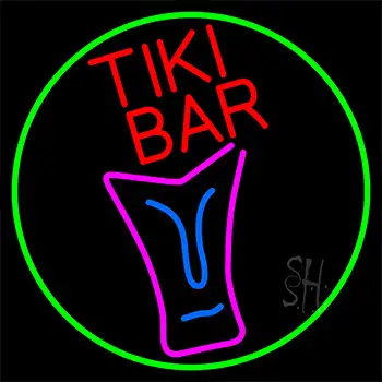 Sculpture Tiki Bar With Green Border Neon Sign