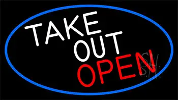 Take Out Open With Blue Border Neon Sign