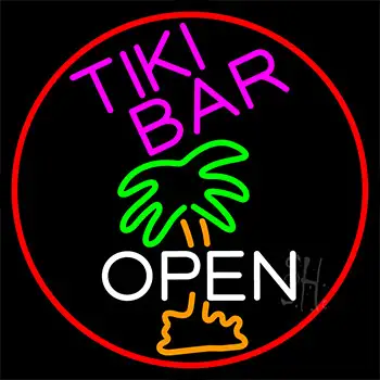 Tiki Bar And Palm Tree Open With Red Border Neon Sign