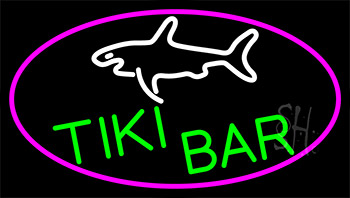 Tiki Bar And Shark With Pink Border Neon Sign