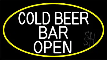 White Cold Beer Bar Open With Yellow Border Neon Sign