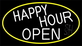 White Happy Hour Open With Yellow Border Neon Sign