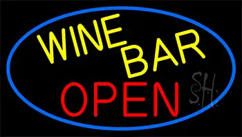Yellow Wine Bar Open With Blue Border Neon Sign