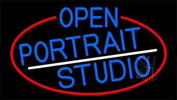 Blue Open Portrait Studio With Red Border Neon Sign