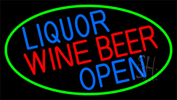 Liquor Wine Beer Open With Green Border Neon Sign