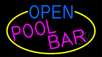 Open Pool Bar With Yellow Border Neon Sign