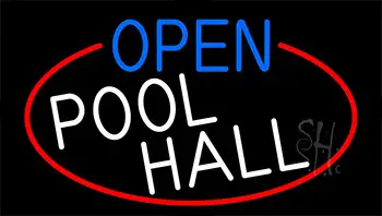 Open Pool Hall With Red Border Neon Sign