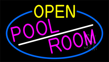Open Pool Room With Blue Border Neon Sign