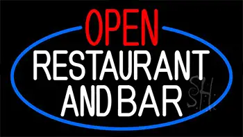 Open Restaurant And Bar With Blue Border Neon Sign