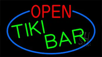 Open Tiki Bar With Blue Border Neon Sign