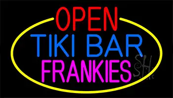 Open Tiki Bar Frankies With Yellow Border Neon Sign