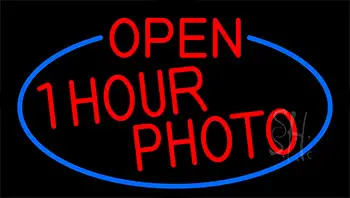 Red Open One Hour Photo With Blue Border Neon Sign