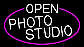 White Open Photo Studio With Pink Border Neon Sign