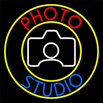 Photo Studio With Camera Logo Circle Neon Sign