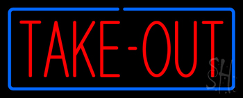 Red Take Out With Blue Border Neon Sign