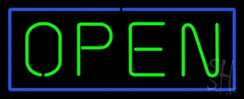 Open Horizontal Green Letters With Blue Border Neon Sign