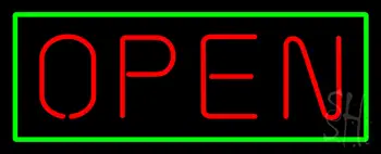 Open Horizontal Red Letters With Green Border Neon Sign