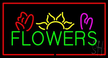 Green Flowers Logo With Red Border Neon Sign