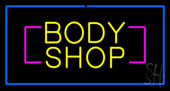 Yellow Body Shop Blue Rectangle Neon Sign