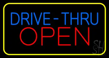 Blue Drive Thru Red Open Yellow Border Neon Sign