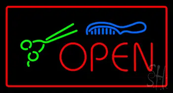 Open Scissor And Comb Red Border Neon Sign