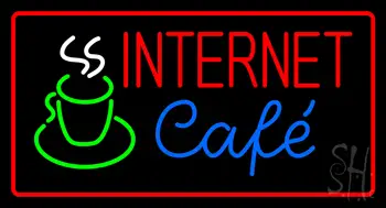 Red Internet Cafe With Coffee Mug Neon Sign