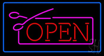 Red Pink Open With Scissors Blue Border Neon Sign