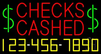 Red Checks Cashed Dollar Logo With Phone Number Neon Sign