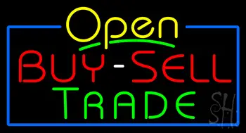 Yellow Open Buy Sell Trade Blue Border Neon Sign