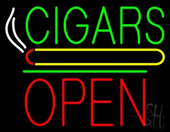 Cigars Open Block Green Line Neon Sign