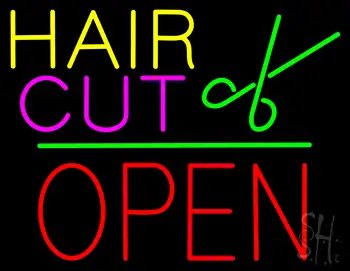 Hair Cut Logo Block Open Green Line Neon Sign