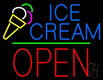 Ice Cream Logo Block Open Green Line Neon Sign