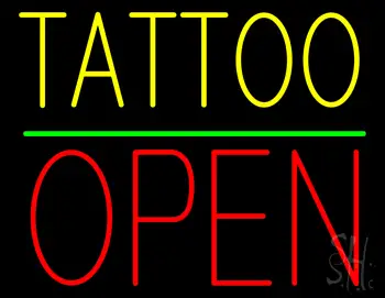 Yellow Tattoo Block Open Green Line Neon Sign