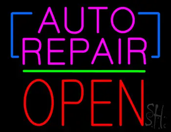Auto Repair Open Block Green Line Neon Sign