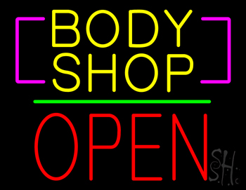 Body Shop Open Block Green Line Neon Sign