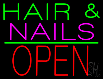 Hair And Nails Block Open Green Line Neon Sign