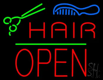 Hair Scissors Comb Block Open Green Line Neon Sign