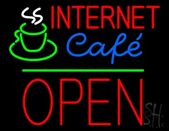 Internet Cafe Block Open Green Line Neon Sign