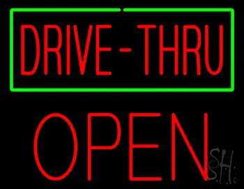 Drive Thru With Green Border Block Open Neon Sign