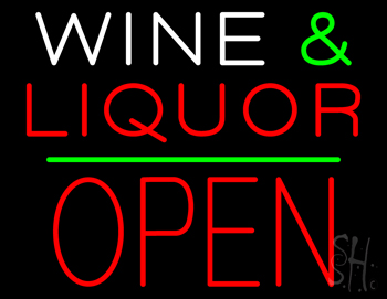 Wine And Liquor Block Open Green Line Neon Sign