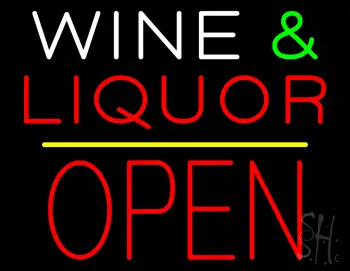 Wine And Liquor Block Open Yellow Line Neon Sign
