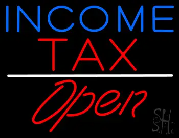 Blue Income Tax White Line Slant Open Neon Sign