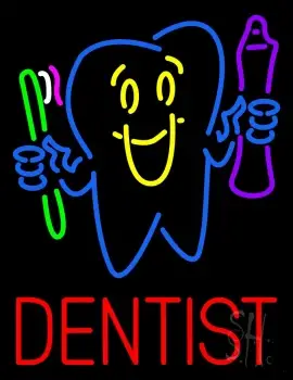Dentist Tooth Logo With Brush And Paste Neon Sign