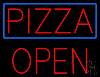 Pizza With Blue Border Open Open Neon Sign
