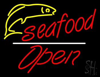 Red Seafood Logo Open White Line Neon Sign